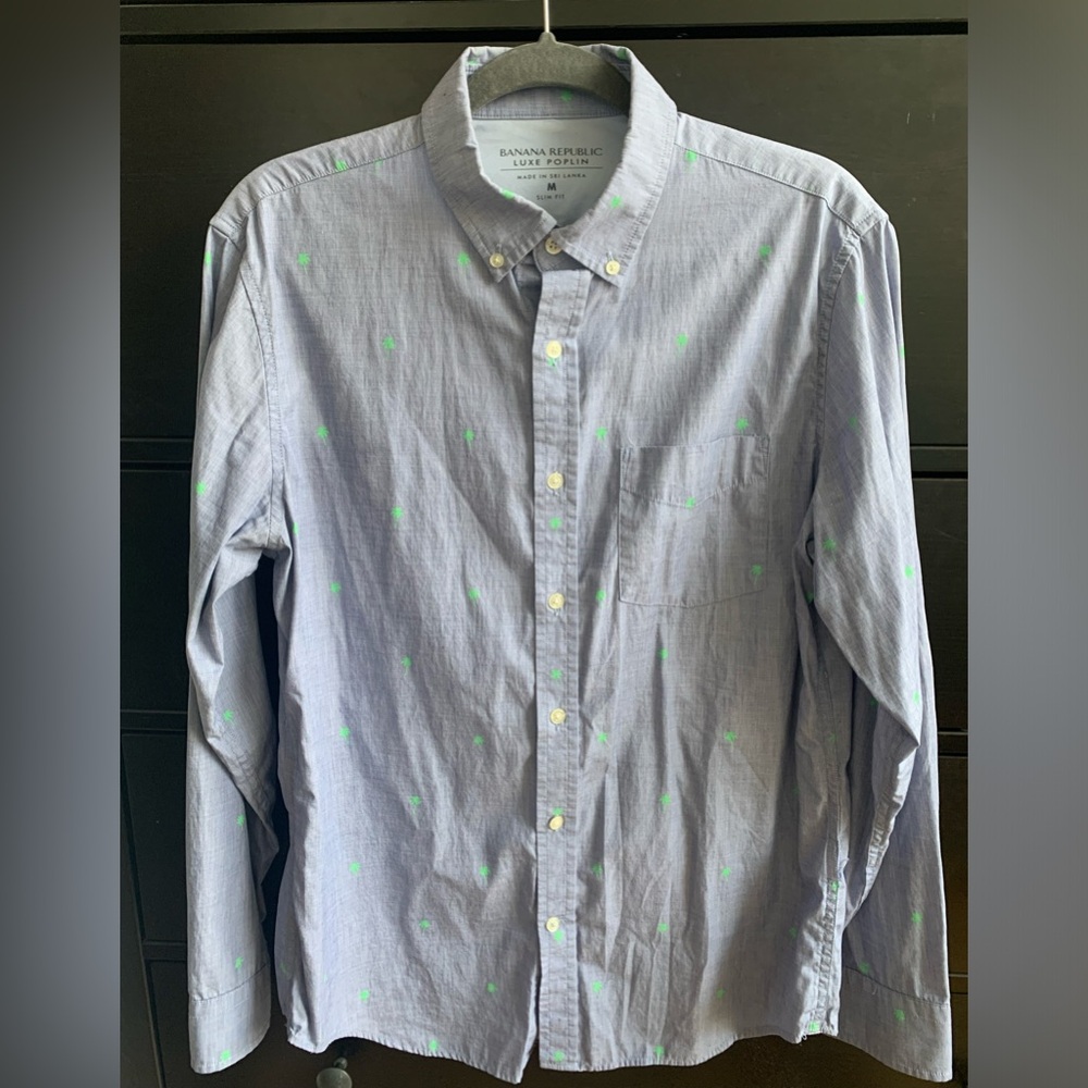 Banana Republic - Medium Button Down Shirt - Light Blue w/ Green Palm Trees